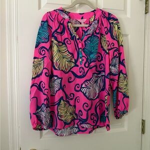 EUC Lilly Pulitzer Pink Leaf Print Elsa Blouse
